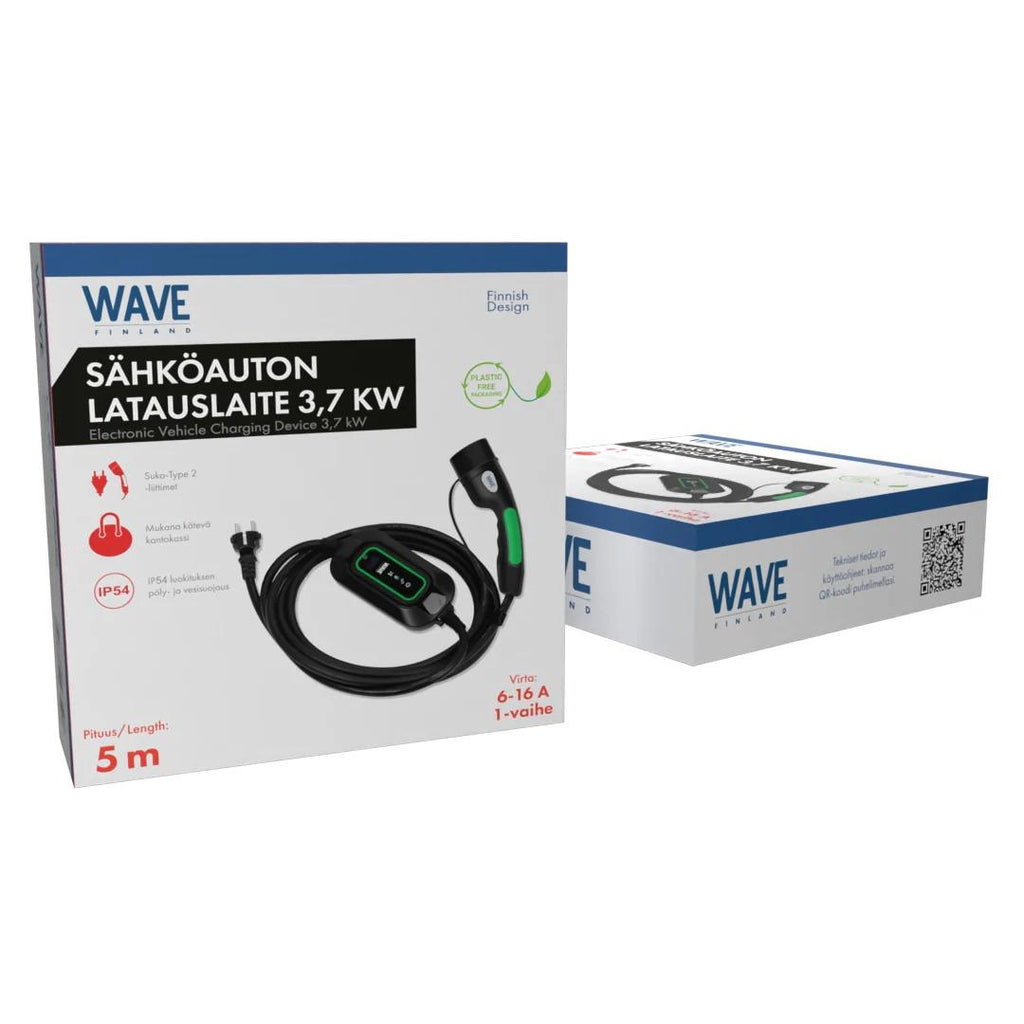  kuva tuotepakkauksesta WAVE EV 1-VAIHEINEN SÄHKÖAUTON LATAUSLAITE, SCHUKO -> TYPE 2 (3,7 KW), 5M, MUSTA