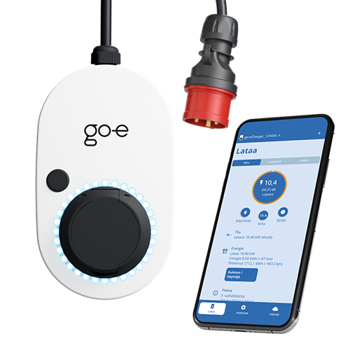 Go-e Charger Gemini Flex 11 kW sähköauton latausasema ja mobiilisovellus jolla latausta ohjataan