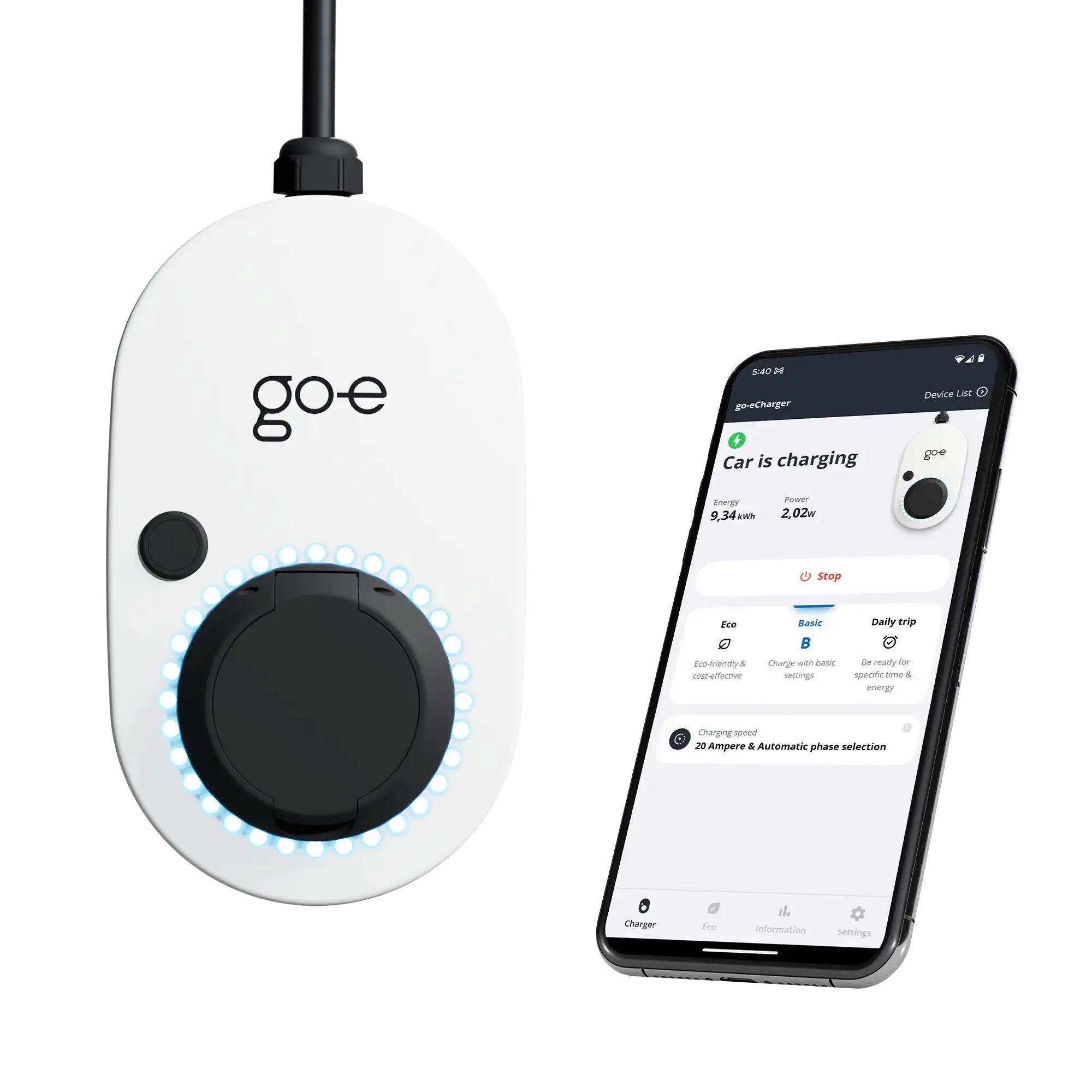 go-e gemini 22kw latausasema ja mobiilisovellus josta latausasemaa ohjataan